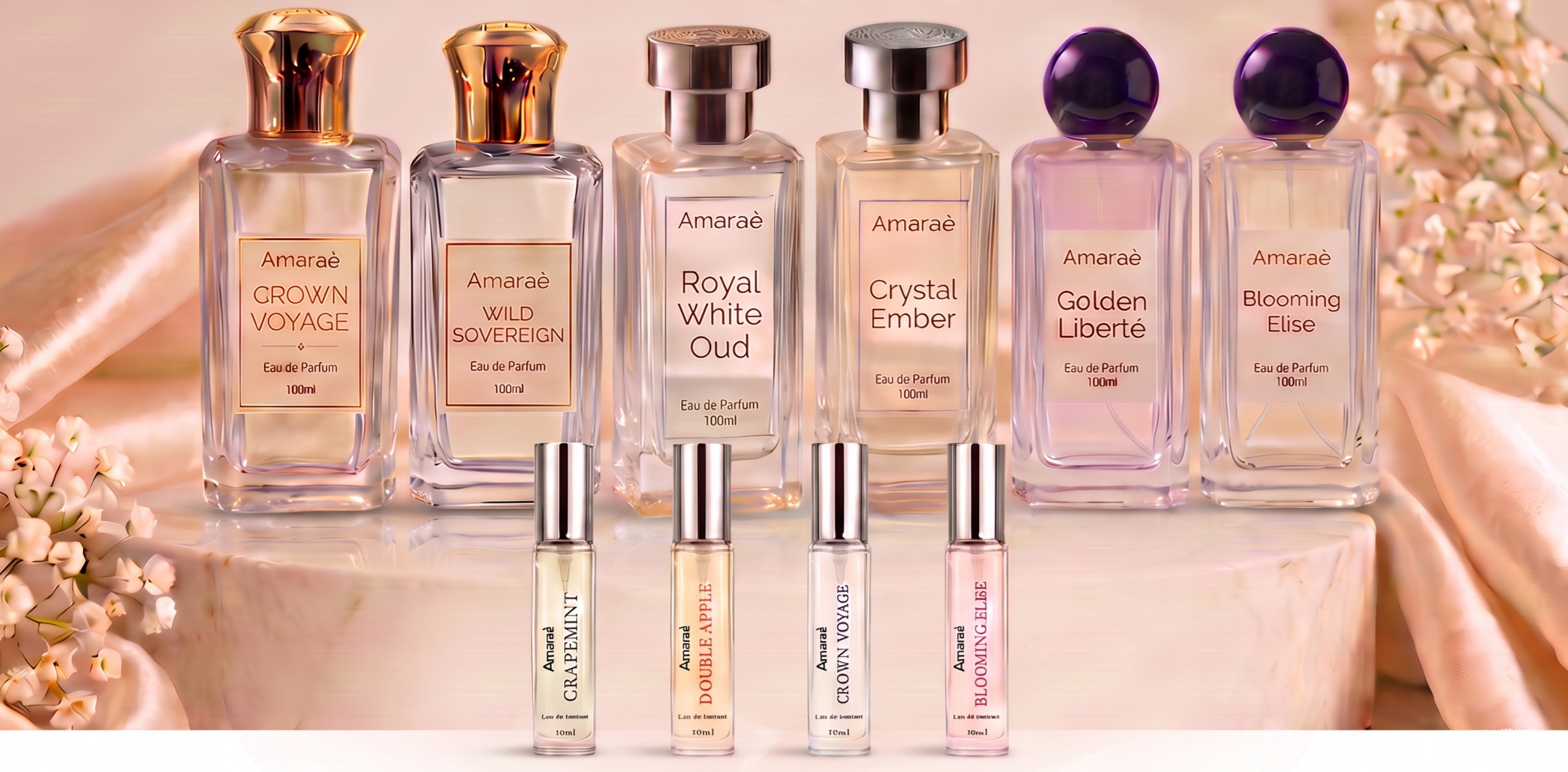 AMARAÈ Exclusive Collection — Crown Voyage, Wild Sovereign, Royal White Oud, Crystal Ember, Golden Liberté, Blooming Élise and travel 10 ml minis